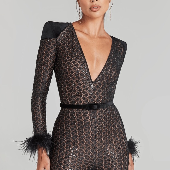 Rachel Black Jumpsuit with Feather Accents - Picture 3 of 3